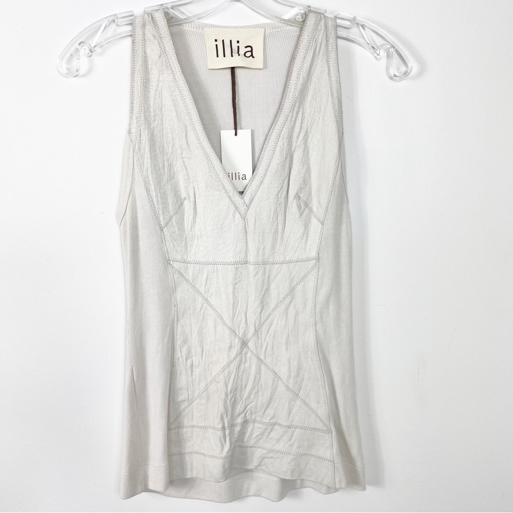 Illia Sleeveless Leather Combo Woven Ribbed Tank Top Size 6 Solid Pearl